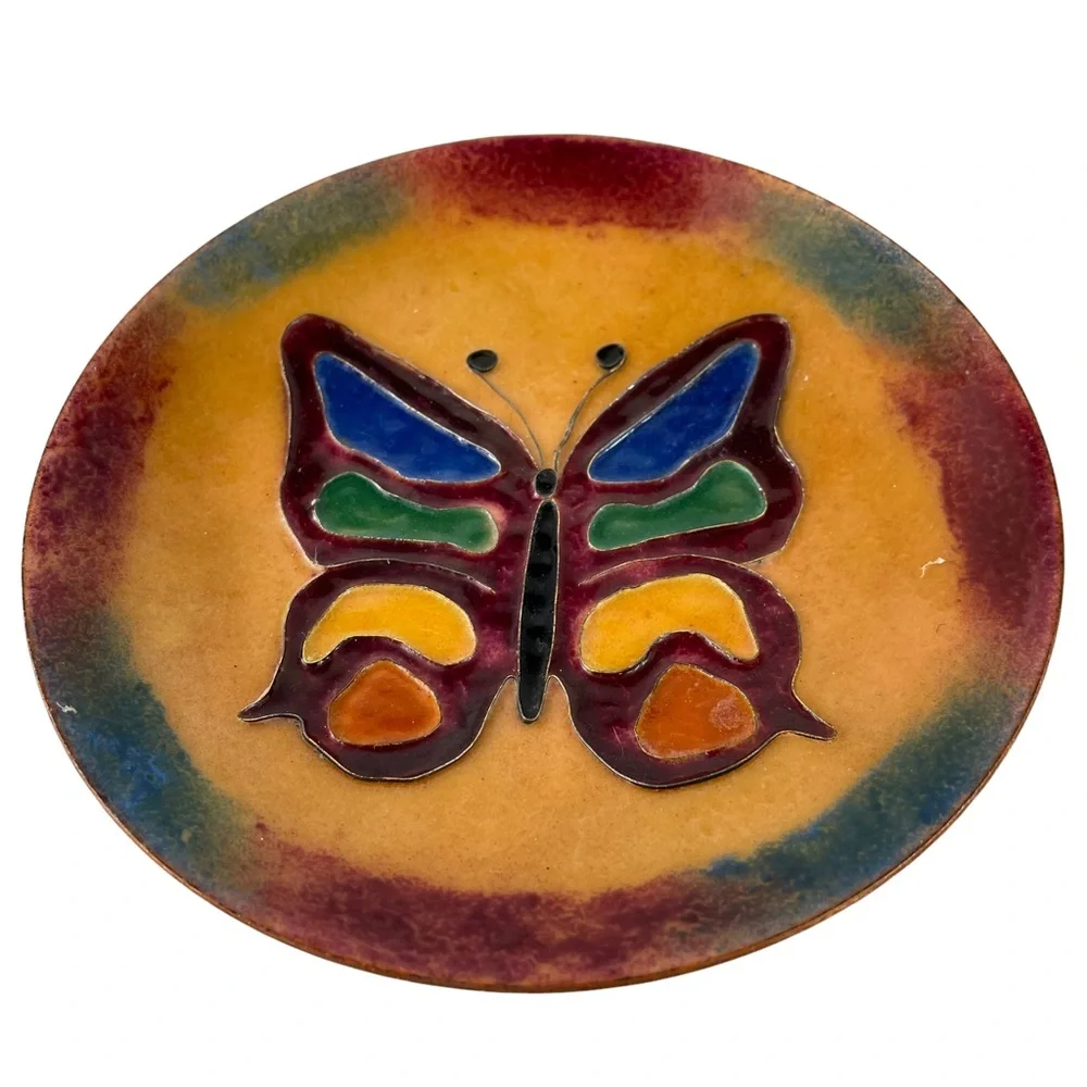 Vintage Copper Ashtray Handmade Hippy Rainbow Butterfly Glazed Cottagecore Boho